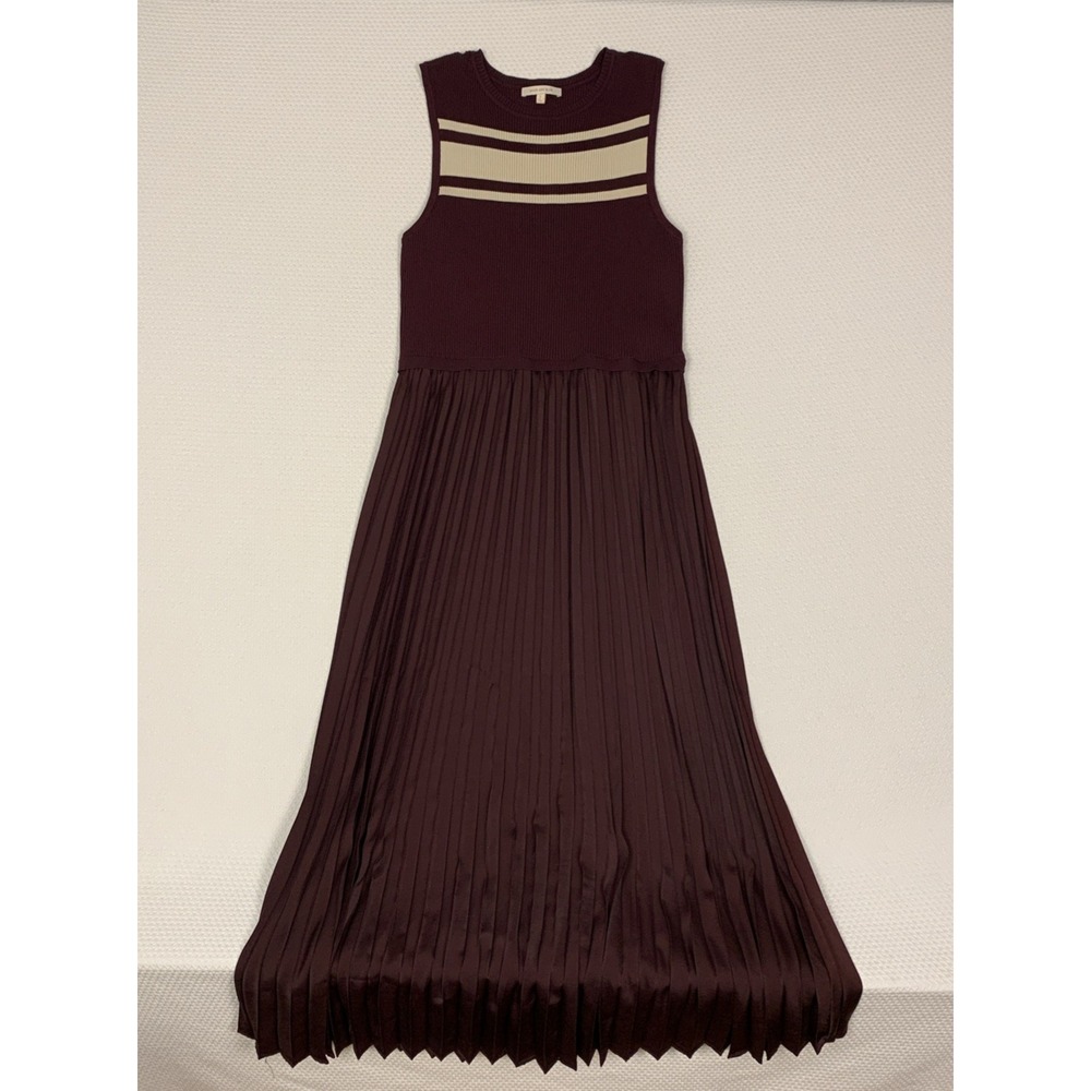 Skies Are Blue Midi Dress Womens Large Burgundy Ribbed Knit Pleated Sleeveless